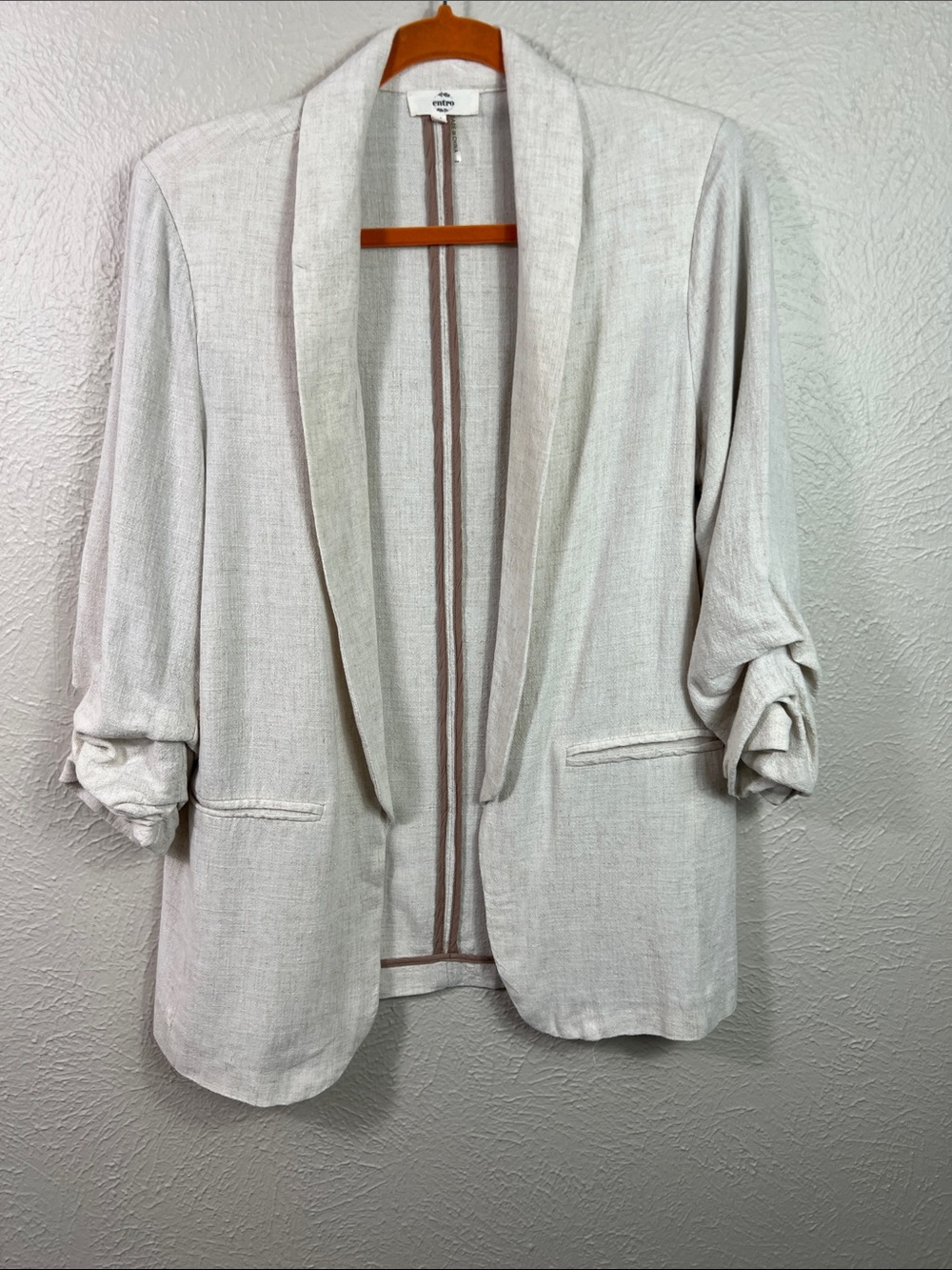 Entro Linen Blend Oatmeal Open Front Ruched 3/4 Sleeve Blazer Jacket Medium